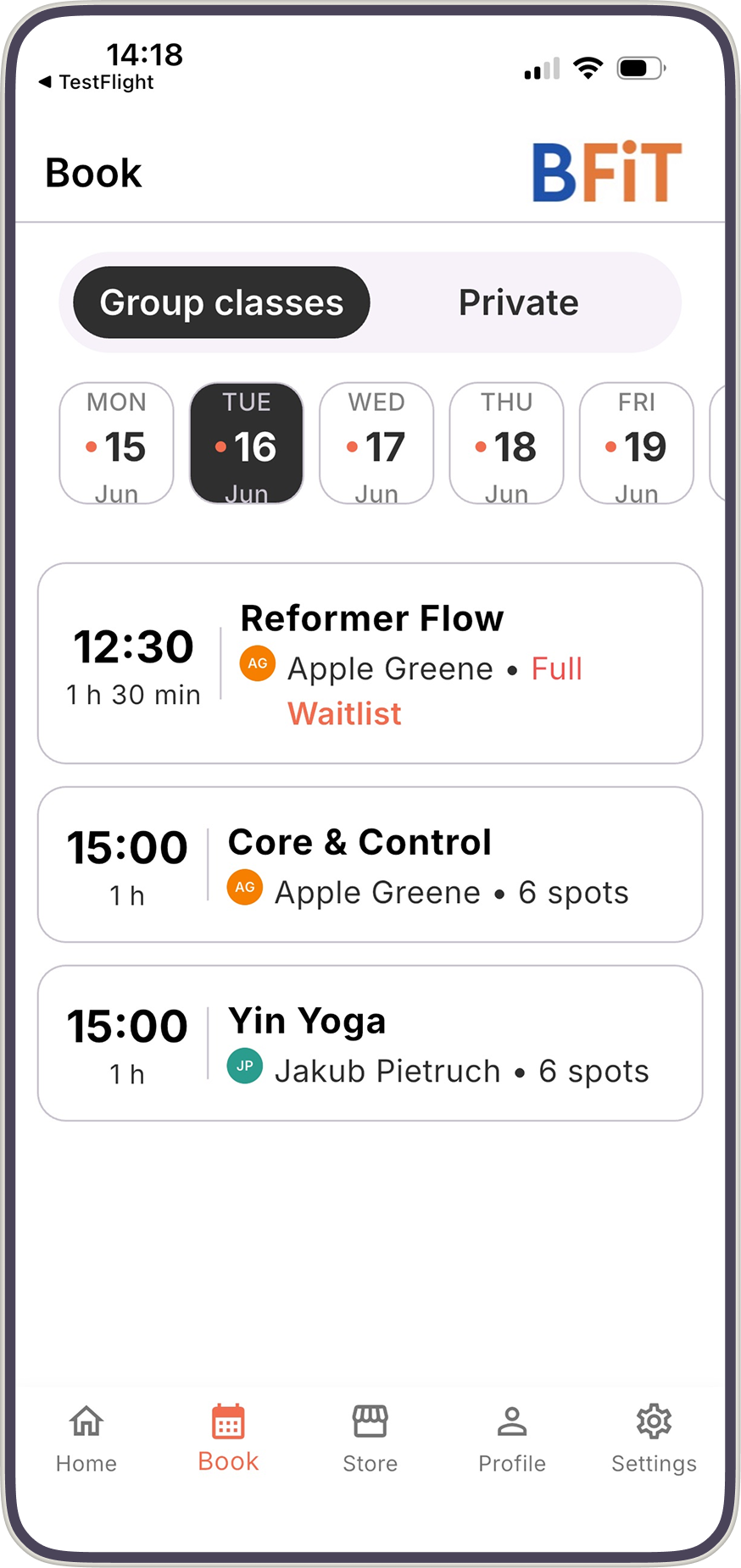 Bobclass Go app on iPhone showing the class schedule and booking screen