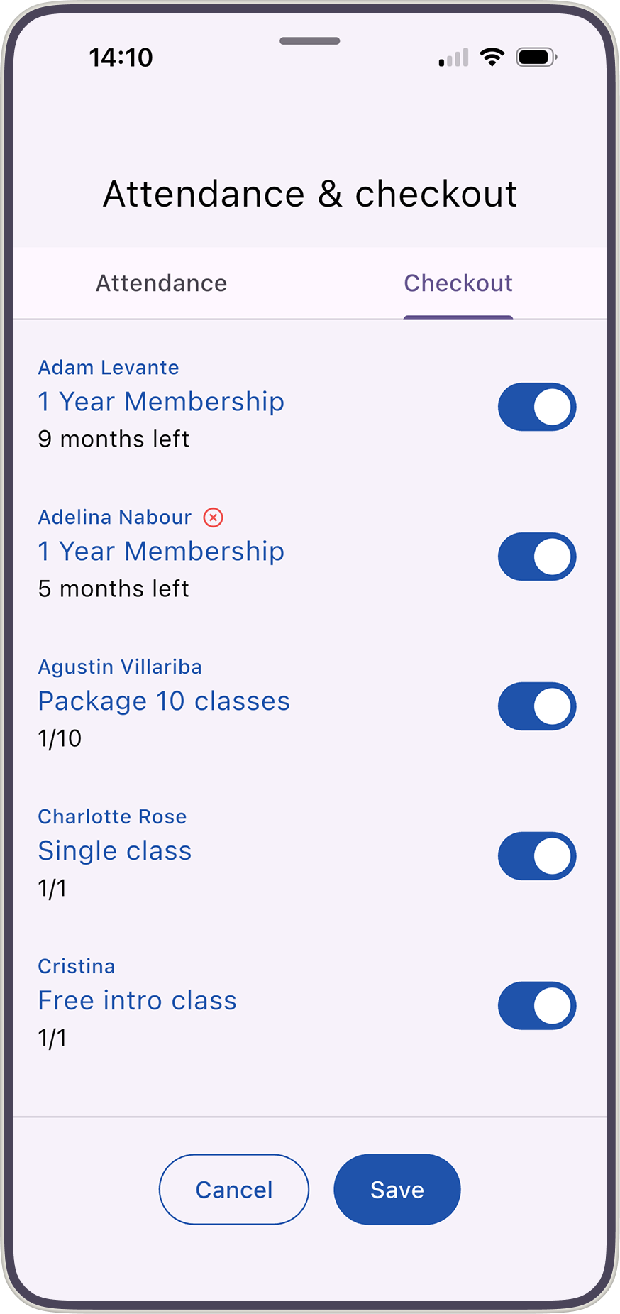 Bobclass Team app on iPhone showing class details and client list